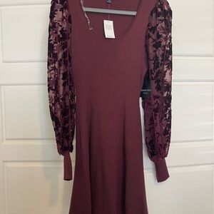 Women's Ribbed Fit-and-Flare Dress with Velvet Burnout Sleeve - Burgundy NWT